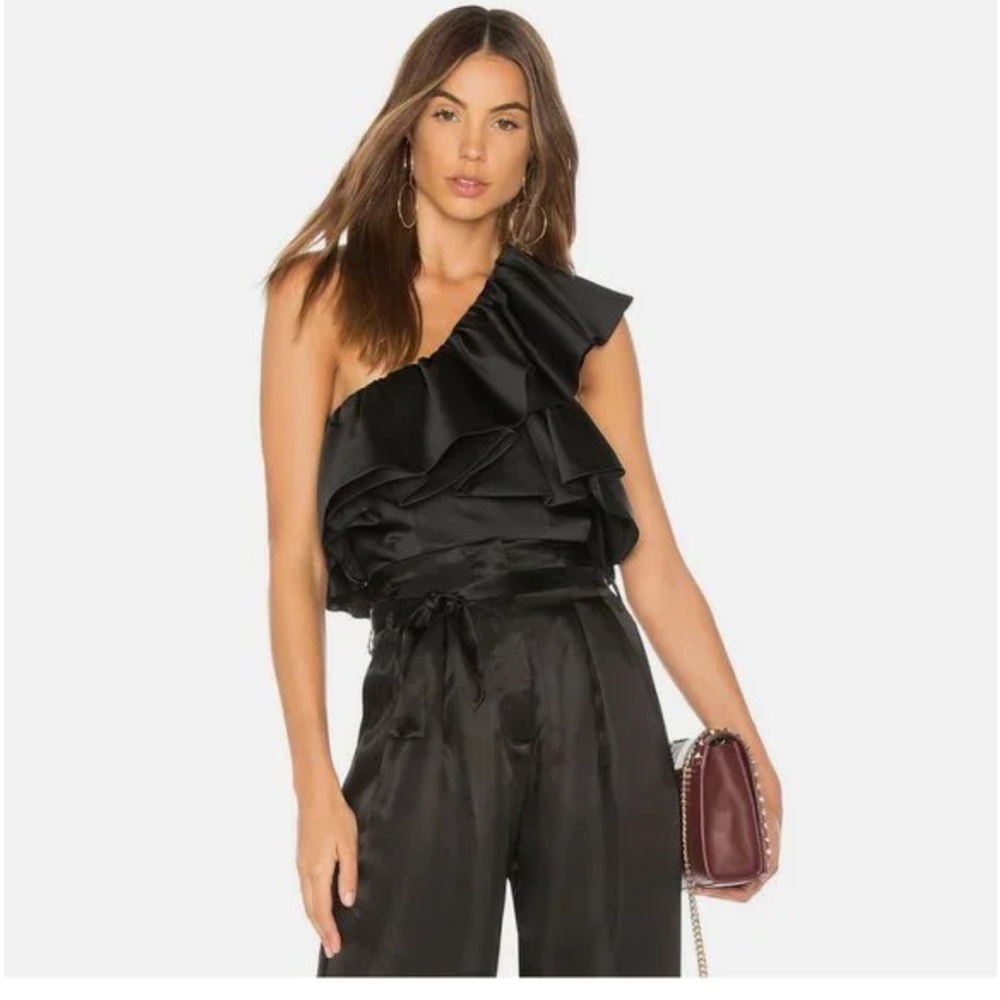 AMUR Black One-Shoulder Ruffled Satin Top